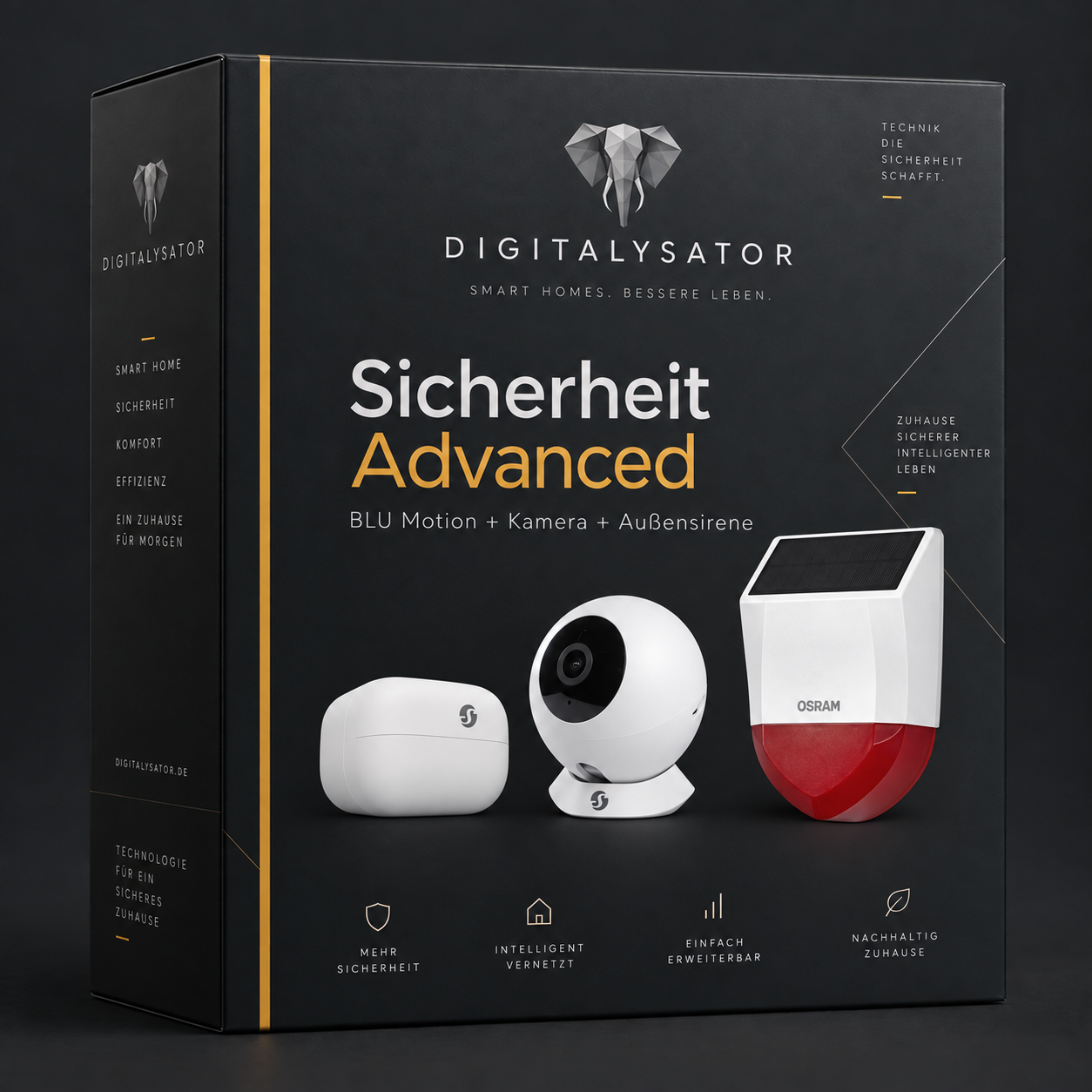 Anthrazitfarbene Digitalysator-Verpackung mit Amber-Akzent und Abbildungen von Shelly BLU Motion, Shelly Camera und OSRAM SMART+ Außensirene