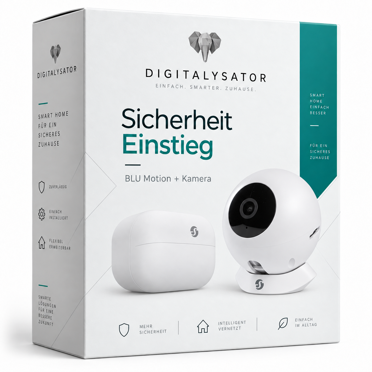 Weiße Digitalysator-Verpackung mit türkisem Akzent und Abbildungen von Shelly BLU Motion und Shelly Camera
